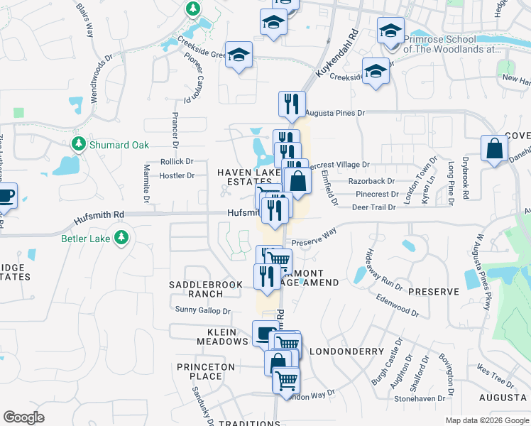 map of restaurants, bars, coffee shops, grocery stores, and more near 8737 Hufsmith Road in Tomball