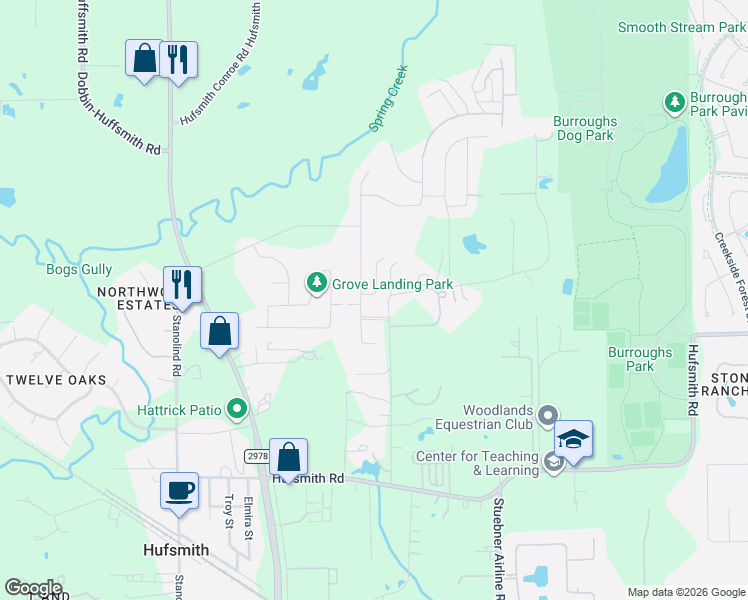 map of restaurants, bars, coffee shops, grocery stores, and more near 11015 Buttonwood Creek Trail in Tomball