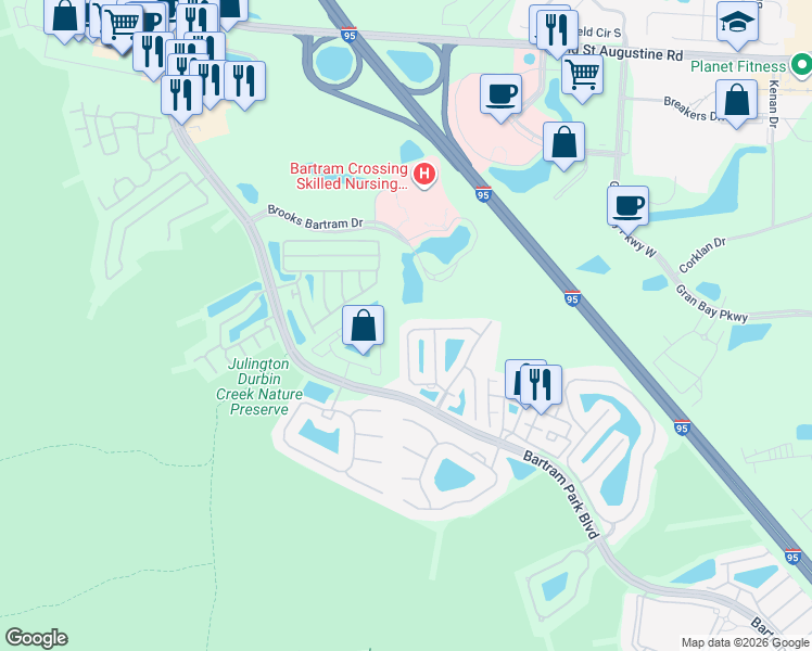 map of restaurants, bars, coffee shops, grocery stores, and more near 13384 Ocean Mist Drive in Jacksonville