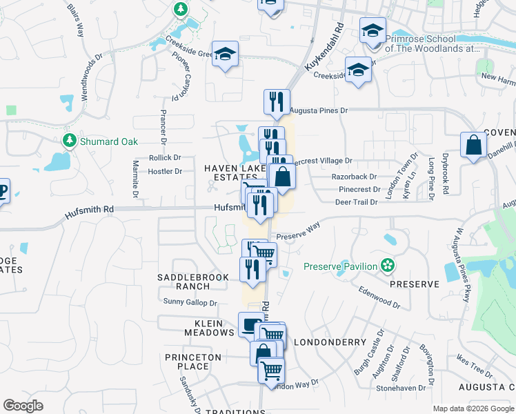 map of restaurants, bars, coffee shops, grocery stores, and more near 8628 Hufsmith Road in Tomball