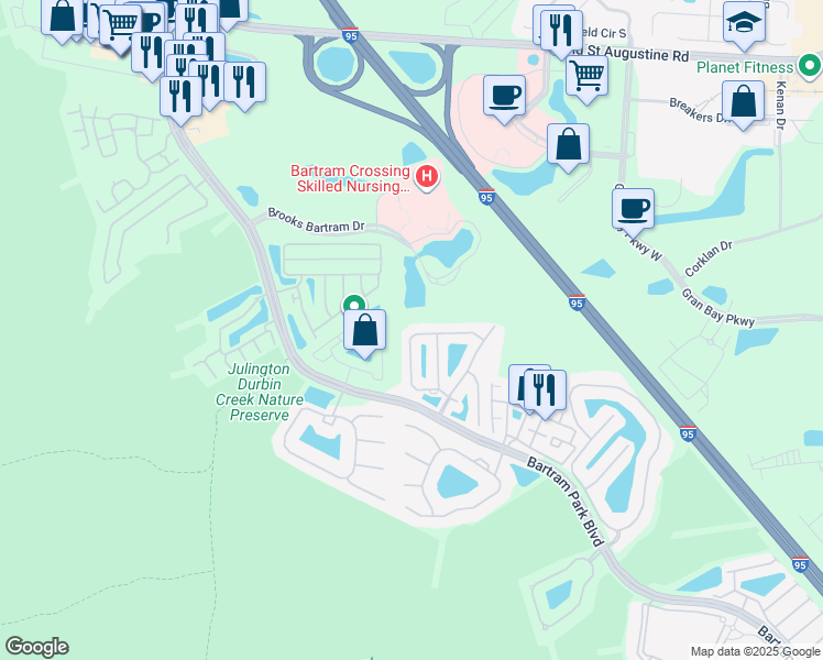 map of restaurants, bars, coffee shops, grocery stores, and more near 13384 Ocean Mist Drive in Jacksonville