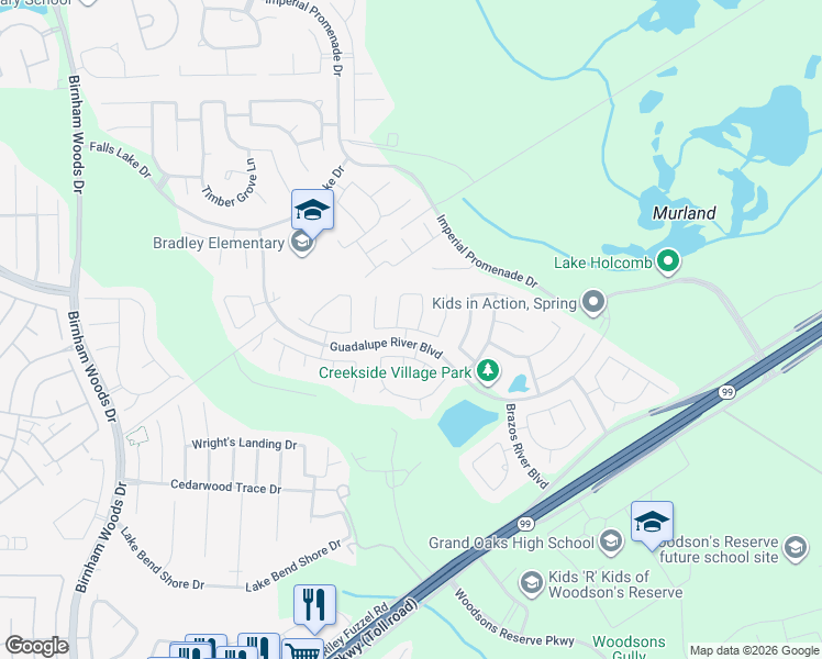 map of restaurants, bars, coffee shops, grocery stores, and more near 29038 Village Creek Loop in Spring