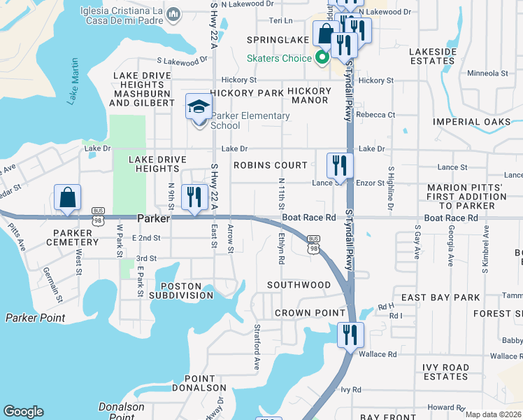 map of restaurants, bars, coffee shops, grocery stores, and more near 824 11th Street North in Panama City