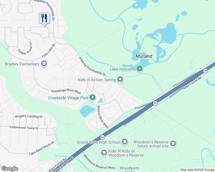 map of restaurants, bars, coffee shops, grocery stores, and more near 29022 San Jacinto River Court in Spring