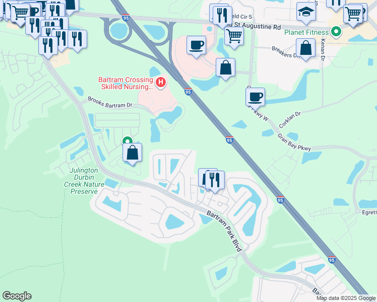 map of restaurants, bars, coffee shops, grocery stores, and more near 12910 Spring Rain Road in Jacksonville