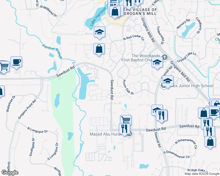 map of restaurants, bars, coffee shops, grocery stores, and more near 2149 Sawdust Road in The Woodlands