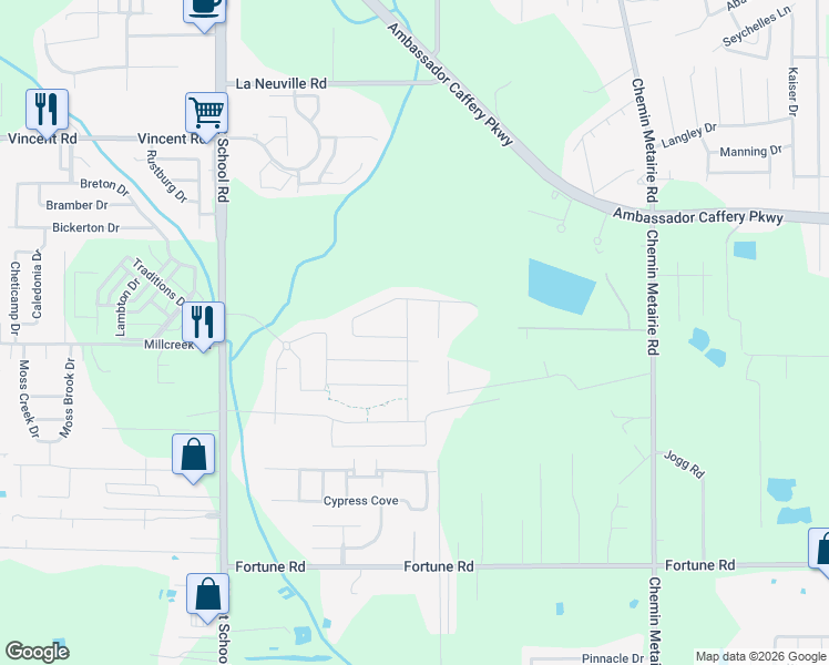 map of restaurants, bars, coffee shops, grocery stores, and more near 128 Olivewood drive in Lafayette