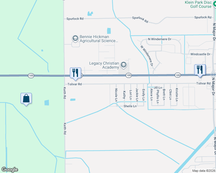 map of restaurants, bars, coffee shops, grocery stores, and more near 8330 Tolivar Road in Beaumont