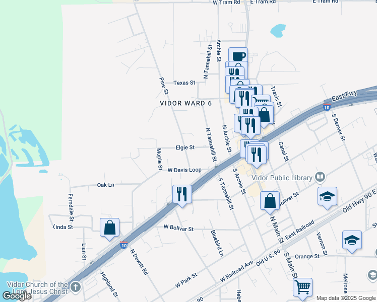 map of restaurants, bars, coffee shops, grocery stores, and more near 410 Elgie Street in Vidor
