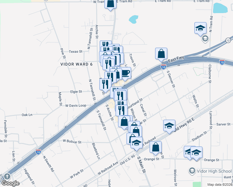 map of restaurants, bars, coffee shops, grocery stores, and more near in Vidor