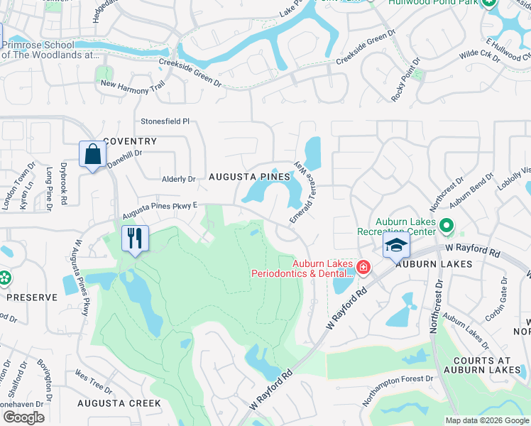 map of restaurants, bars, coffee shops, grocery stores, and more near 25607 Windy Isle Court in Spring