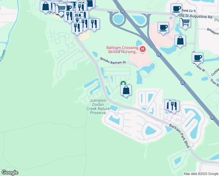 map of restaurants, bars, coffee shops, grocery stores, and more near 13036 Shallowater Road in Jacksonville