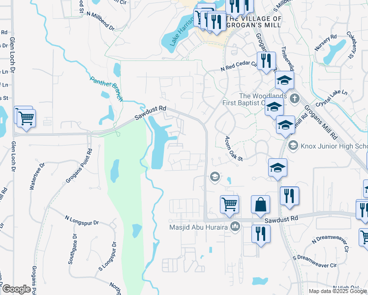 map of restaurants, bars, coffee shops, grocery stores, and more near 2495 Sawdust Road in The Woodlands