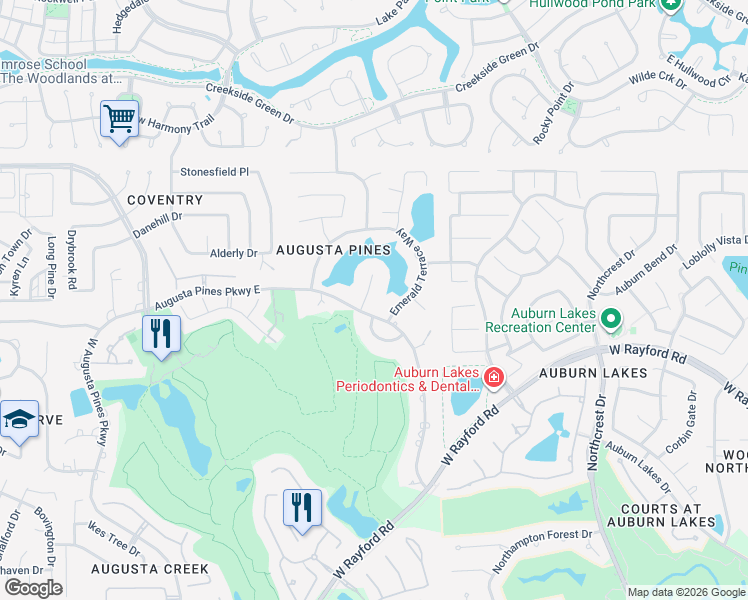 map of restaurants, bars, coffee shops, grocery stores, and more near 25607 Windy Isle Court in Spring
