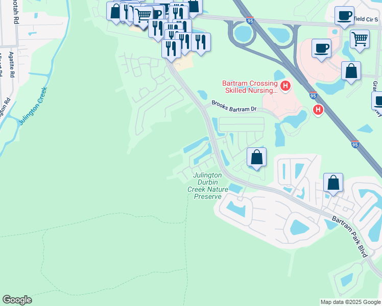 map of restaurants, bars, coffee shops, grocery stores, and more near 5941 Pavilion Drive in Jacksonville