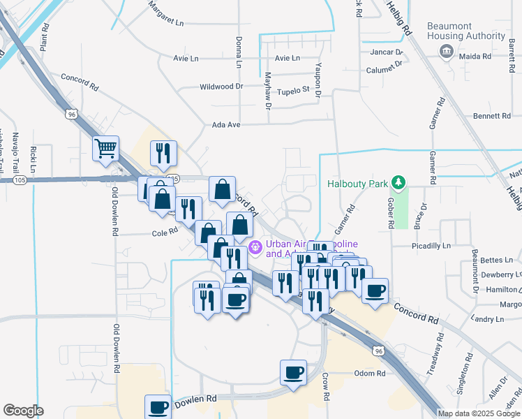 map of restaurants, bars, coffee shops, grocery stores, and more near 6450 Concord Road in Beaumont