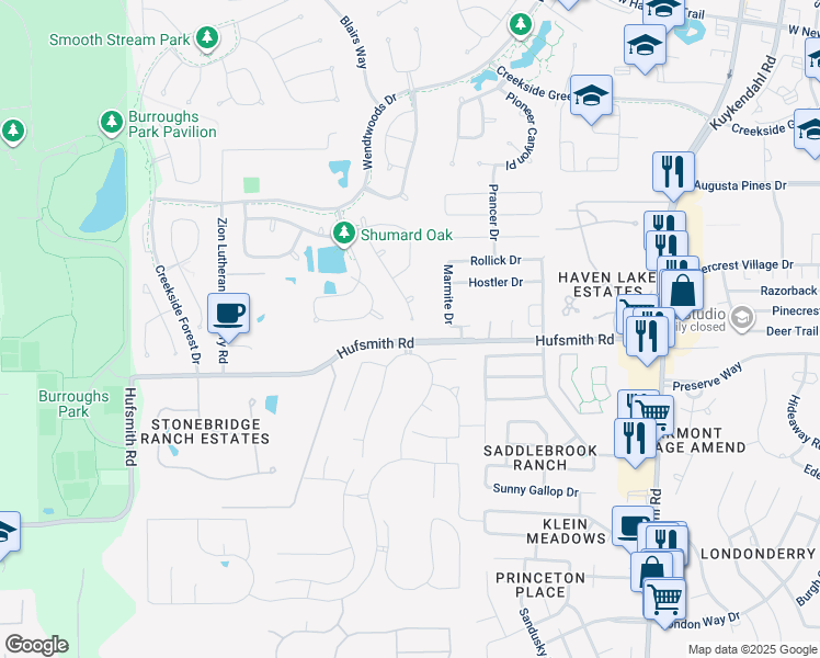 map of restaurants, bars, coffee shops, grocery stores, and more near 95 Elander Blossom Drive in Tomball