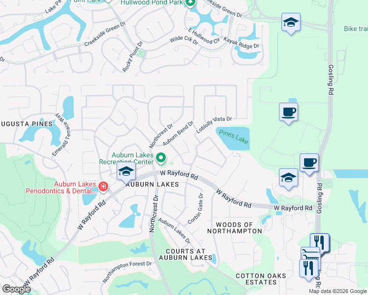 map of restaurants, bars, coffee shops, grocery stores, and more near 6514 Pine Arrow Court in Spring