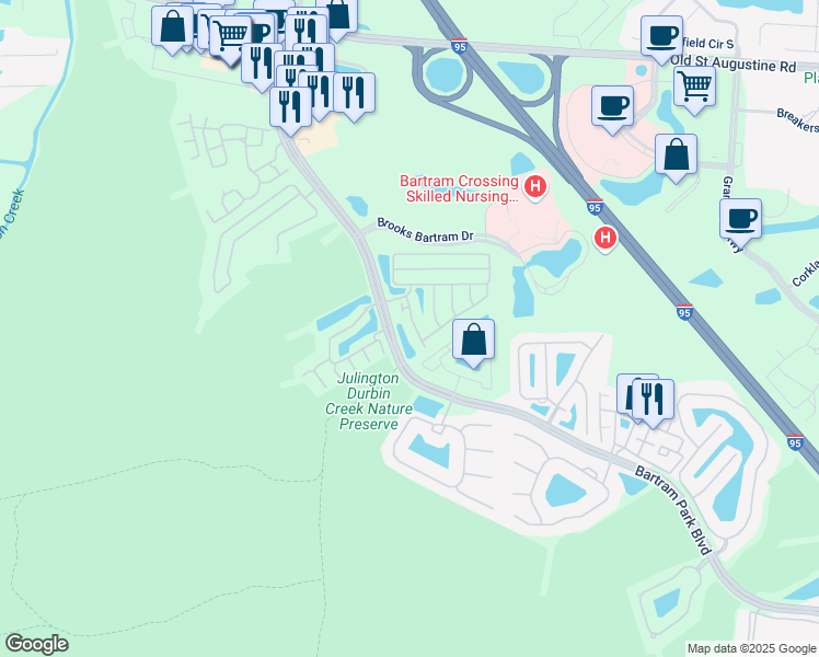 map of restaurants, bars, coffee shops, grocery stores, and more near 13036 Shallowater Road in Jacksonville