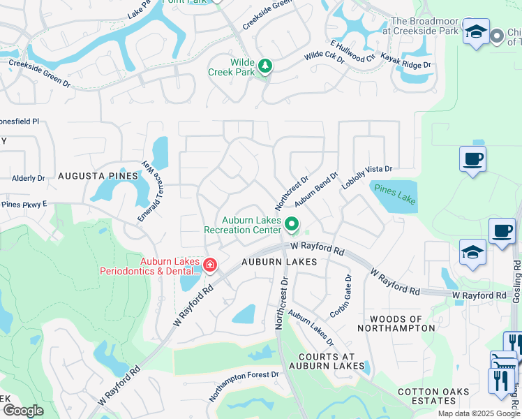 map of restaurants, bars, coffee shops, grocery stores, and more near 25114 Genesse Valley Drive in Spring