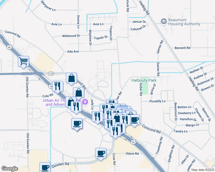 map of restaurants, bars, coffee shops, grocery stores, and more near 5050 Timber Creek Loop in Beaumont