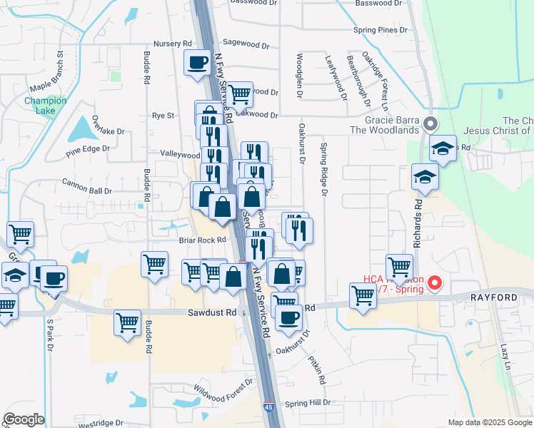 map of restaurants, bars, coffee shops, grocery stores, and more near 25510 Brookhaven Street in Spring