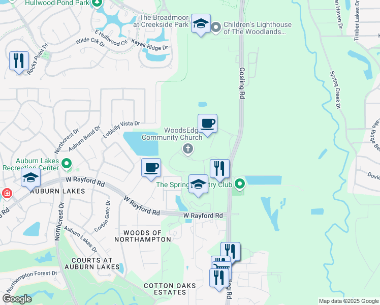 map of restaurants, bars, coffee shops, grocery stores, and more near 25333 Gosling Road in Spring