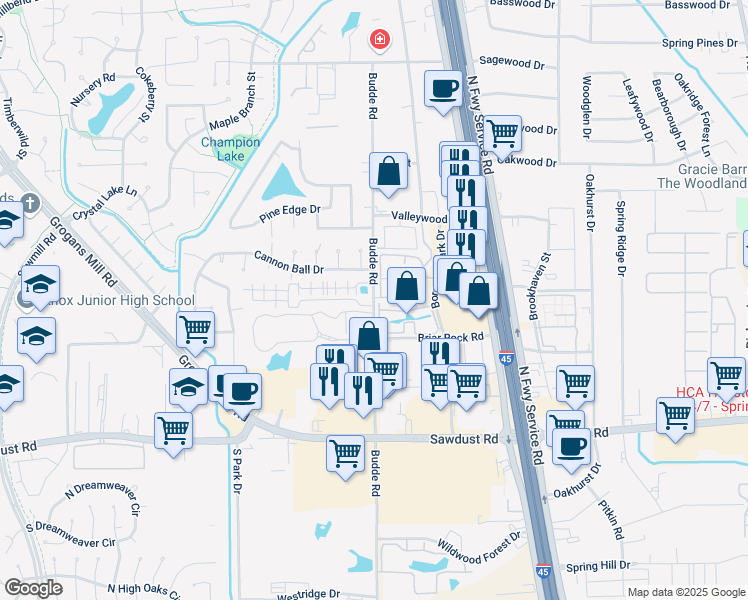 map of restaurants, bars, coffee shops, grocery stores, and more near 25425 Budde Road in Spring