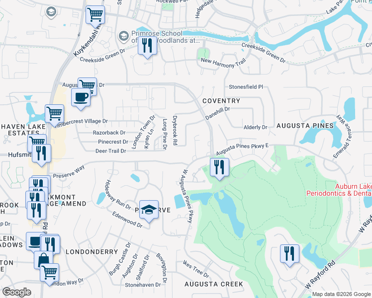 map of restaurants, bars, coffee shops, grocery stores, and more near 7727 Danehill Drive in Spring