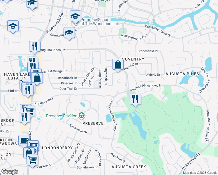 map of restaurants, bars, coffee shops, grocery stores, and more near 7727 Danehill Drive in Spring