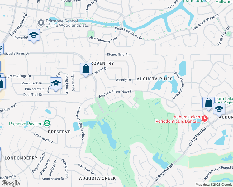 map of restaurants, bars, coffee shops, grocery stores, and more near 25510 Gold Crest Court in Spring