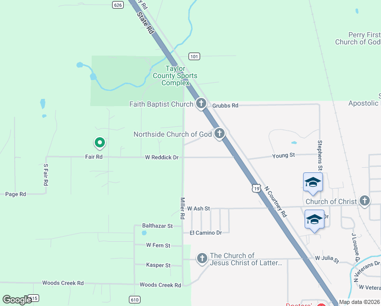 map of restaurants, bars, coffee shops, grocery stores, and more near 1986 West Reddick Drive in Perry