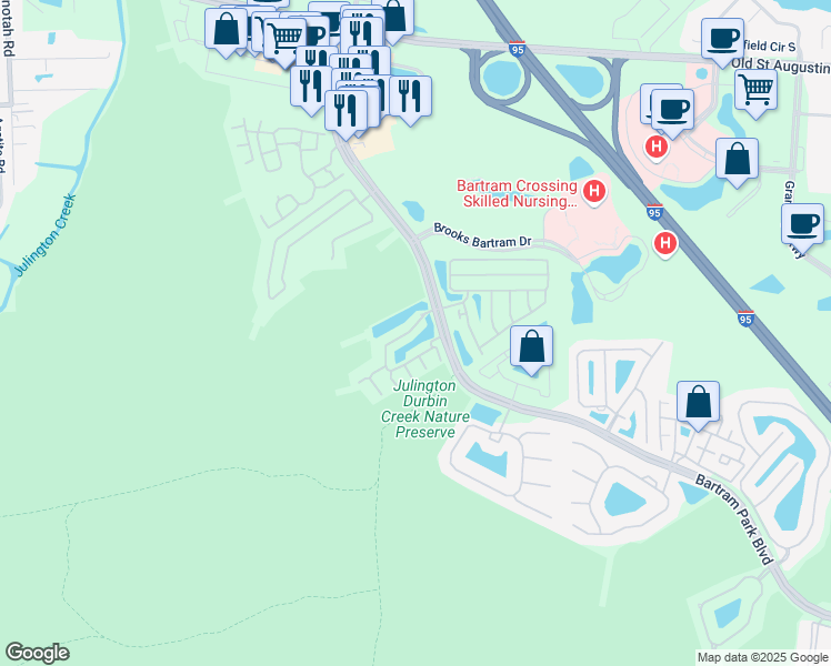 map of restaurants, bars, coffee shops, grocery stores, and more near 5972 Pavilion Drive in Jacksonville