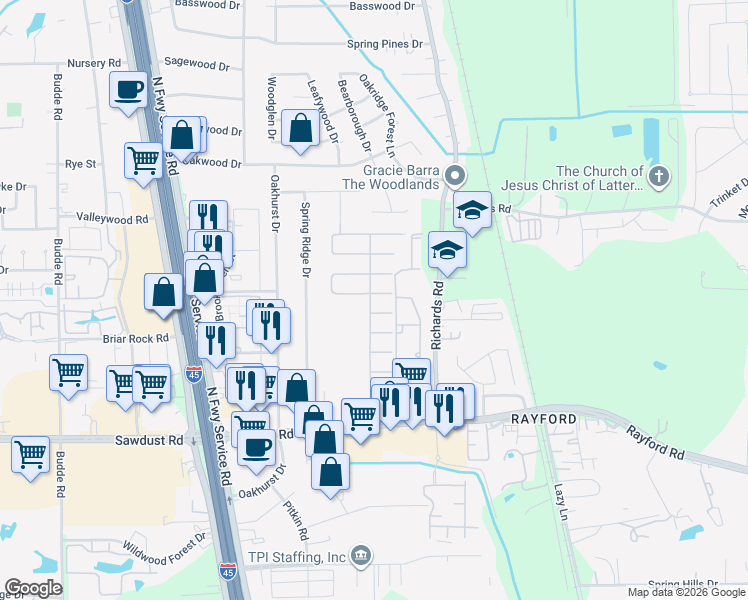 map of restaurants, bars, coffee shops, grocery stores, and more near 502 Spindle Ridge Drive in Spring