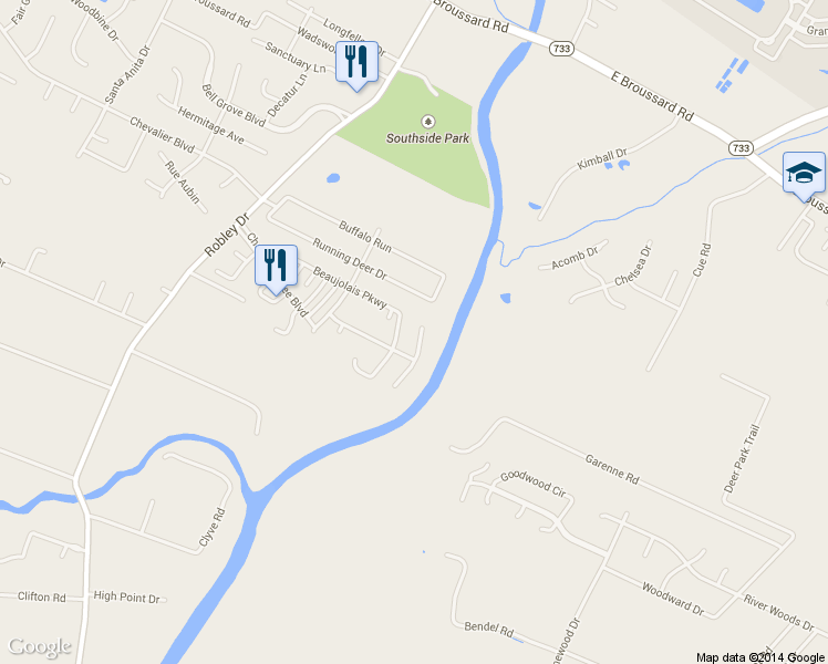 map of restaurants, bars, coffee shops, grocery stores, and more near 106 Rue Du Maurier in Lafayette