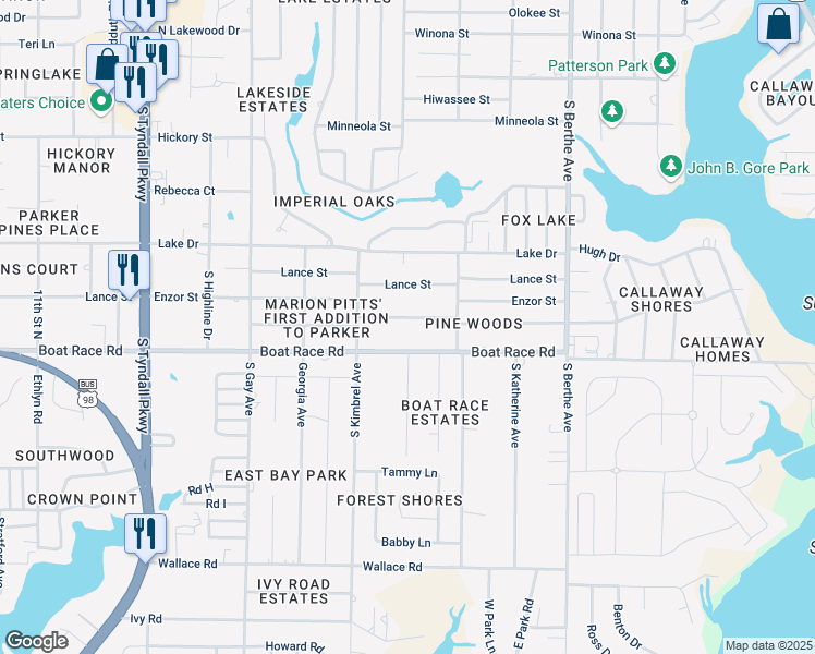 map of restaurants, bars, coffee shops, grocery stores, and more near 6300 Pridgen Street in Panama City