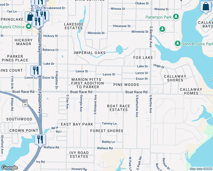 map of restaurants, bars, coffee shops, grocery stores, and more near 6300 Pridgen Street in Panama City