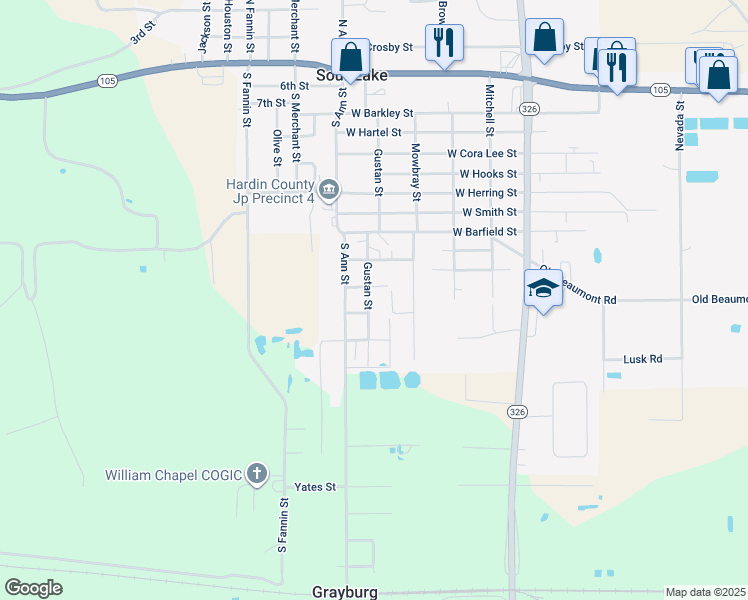 map of restaurants, bars, coffee shops, grocery stores, and more near 1035 Gustan Street in Sour Lake