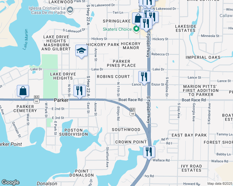 map of restaurants, bars, coffee shops, grocery stores, and more near 824 11th Street North in Panama City