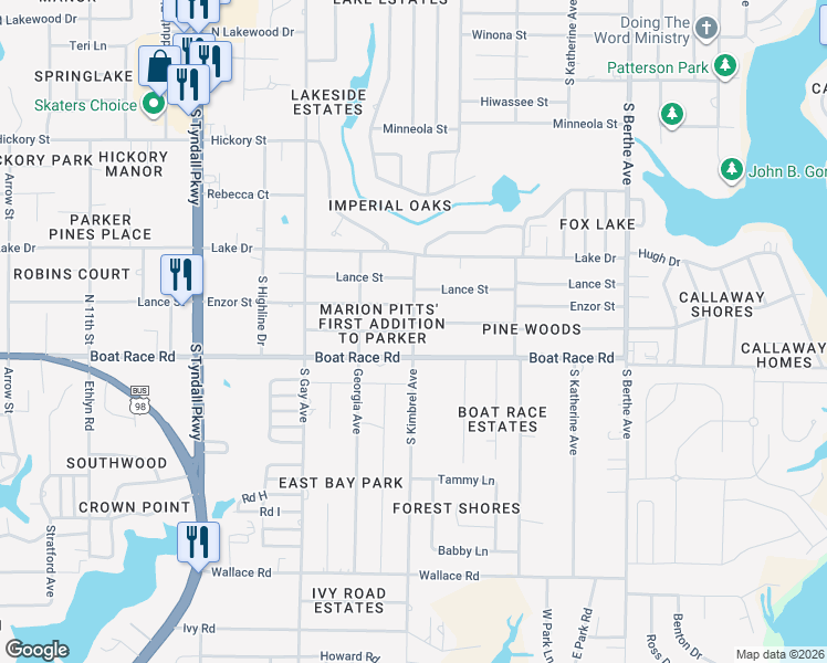 map of restaurants, bars, coffee shops, grocery stores, and more near South Kimbrel Avenue in Callaway