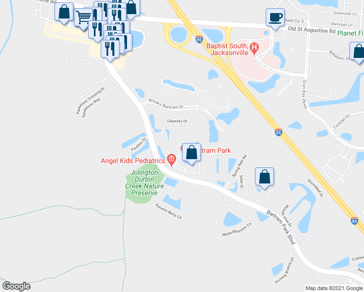 map of restaurants, bars, coffee shops, grocery stores, and more near 13041 Sunset Lake Drive in Jacksonville