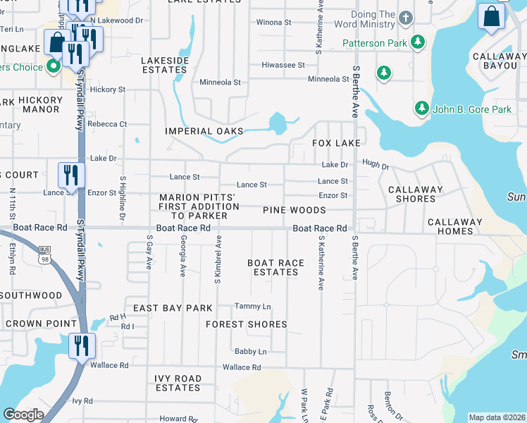 map of restaurants, bars, coffee shops, grocery stores, and more near 6322 Pridgen Street in Panama City