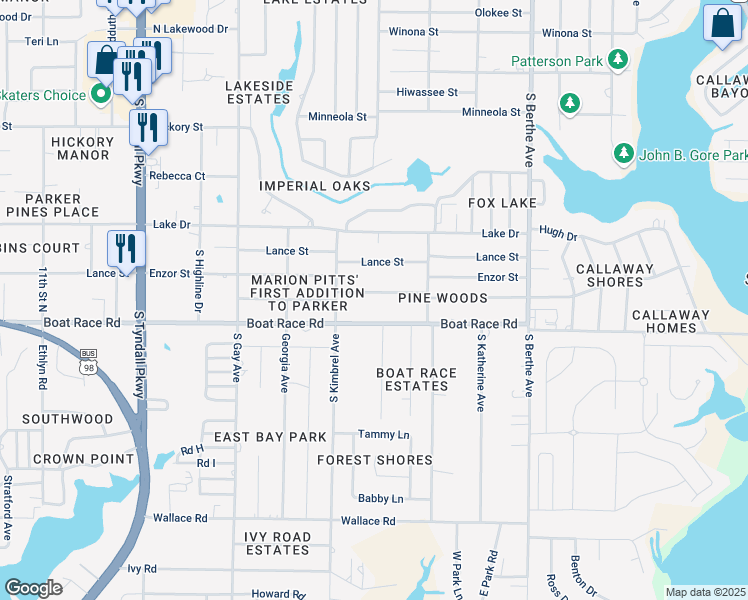 map of restaurants, bars, coffee shops, grocery stores, and more near 6300 Pridgen Street in Panama City