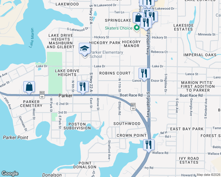 map of restaurants, bars, coffee shops, grocery stores, and more near 824 11th Street North in Panama City