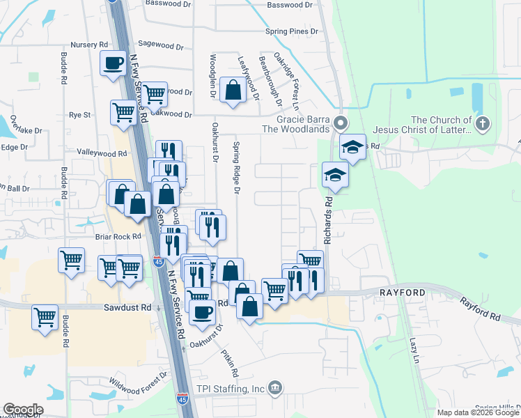 map of restaurants, bars, coffee shops, grocery stores, and more near 422 Spindle Ridge Drive in Spring