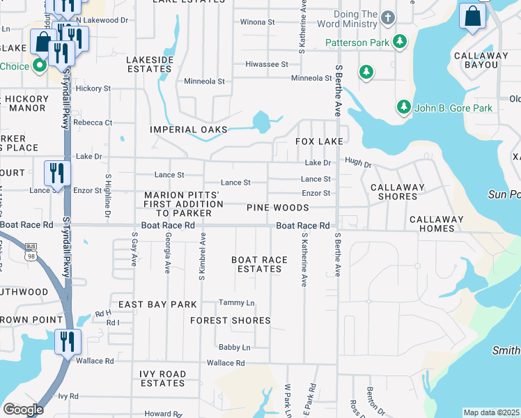 map of restaurants, bars, coffee shops, grocery stores, and more near 6326 Pridgen Street in Panama City