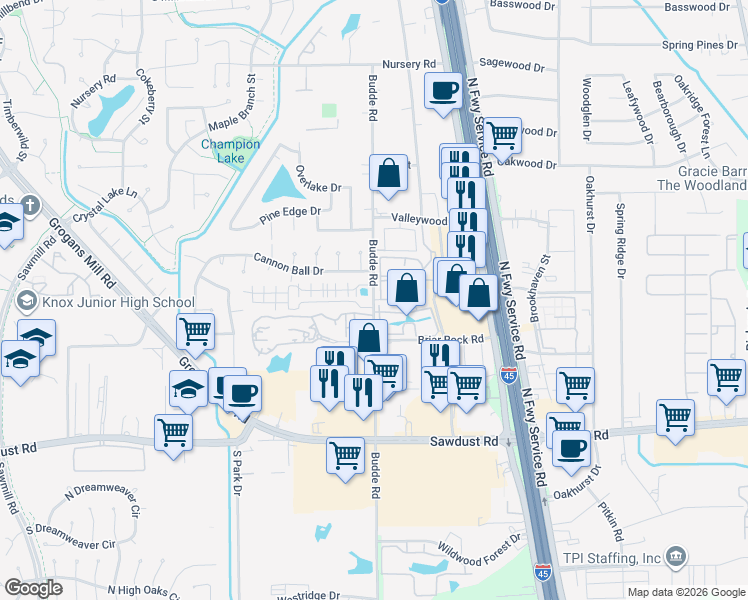 map of restaurants, bars, coffee shops, grocery stores, and more near 25435 Budde Road in Spring