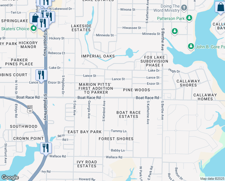 map of restaurants, bars, coffee shops, grocery stores, and more near 6300 Pridgen Street in Panama City