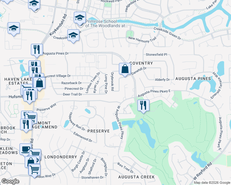 map of restaurants, bars, coffee shops, grocery stores, and more near 7727 Danehill Drive in Spring