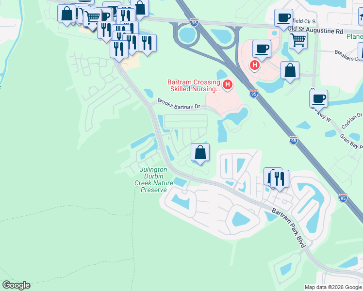 map of restaurants, bars, coffee shops, grocery stores, and more near 13041 Sunset Lake Drive in Jacksonville